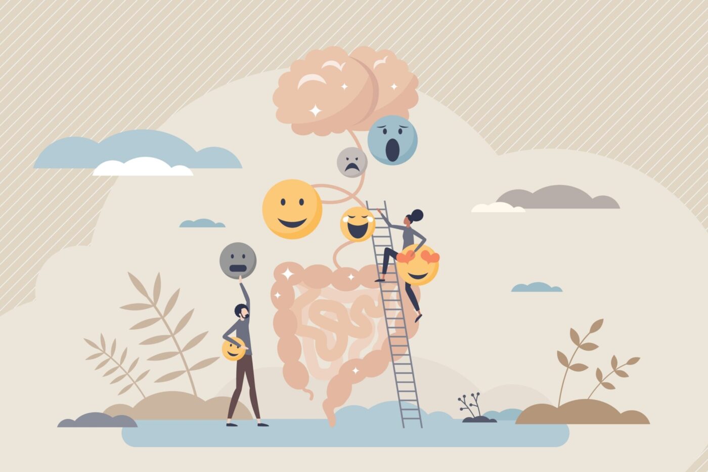 Die Grafik zeigt zwei stilisierte Personen, die mit großen Emotionen-Symbolen interagieren – eine steht auf einer Leiter und erreicht fröhliche Smileys, die andere hält einen traurigen Smiley und trägt einen fröhlichen. Im Zentrum verbindet eine rosafarbene Darmzeichnung das Gehirn mit verschiedenen Gefühlszuständen. Die Szene betont die Bedeutung der Darm-Hirn-Achse für die psychische Gesundheit.
