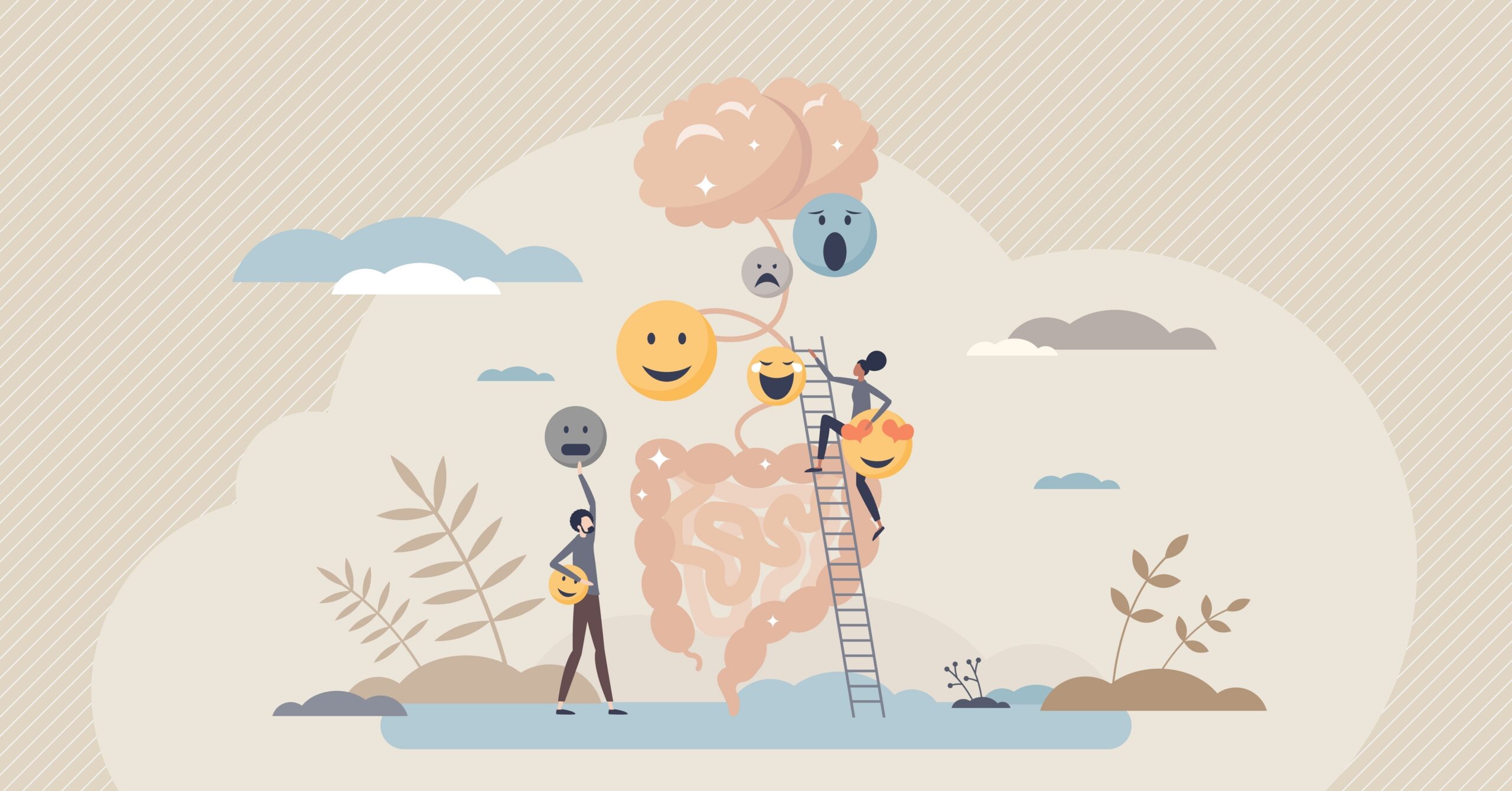 Die Grafik zeigt zwei stilisierte Personen, die mit großen Emotionen-Symbolen interagieren – eine steht auf einer Leiter und erreicht fröhliche Smileys, die andere hält einen traurigen Smiley und trägt einen fröhlichen. Im Zentrum verbindet eine rosafarbene Darmzeichnung das Gehirn mit verschiedenen Gefühlszuständen. Die Szene betont die Bedeutung der Darm-Hirn-Achse für die psychische Gesundheit.