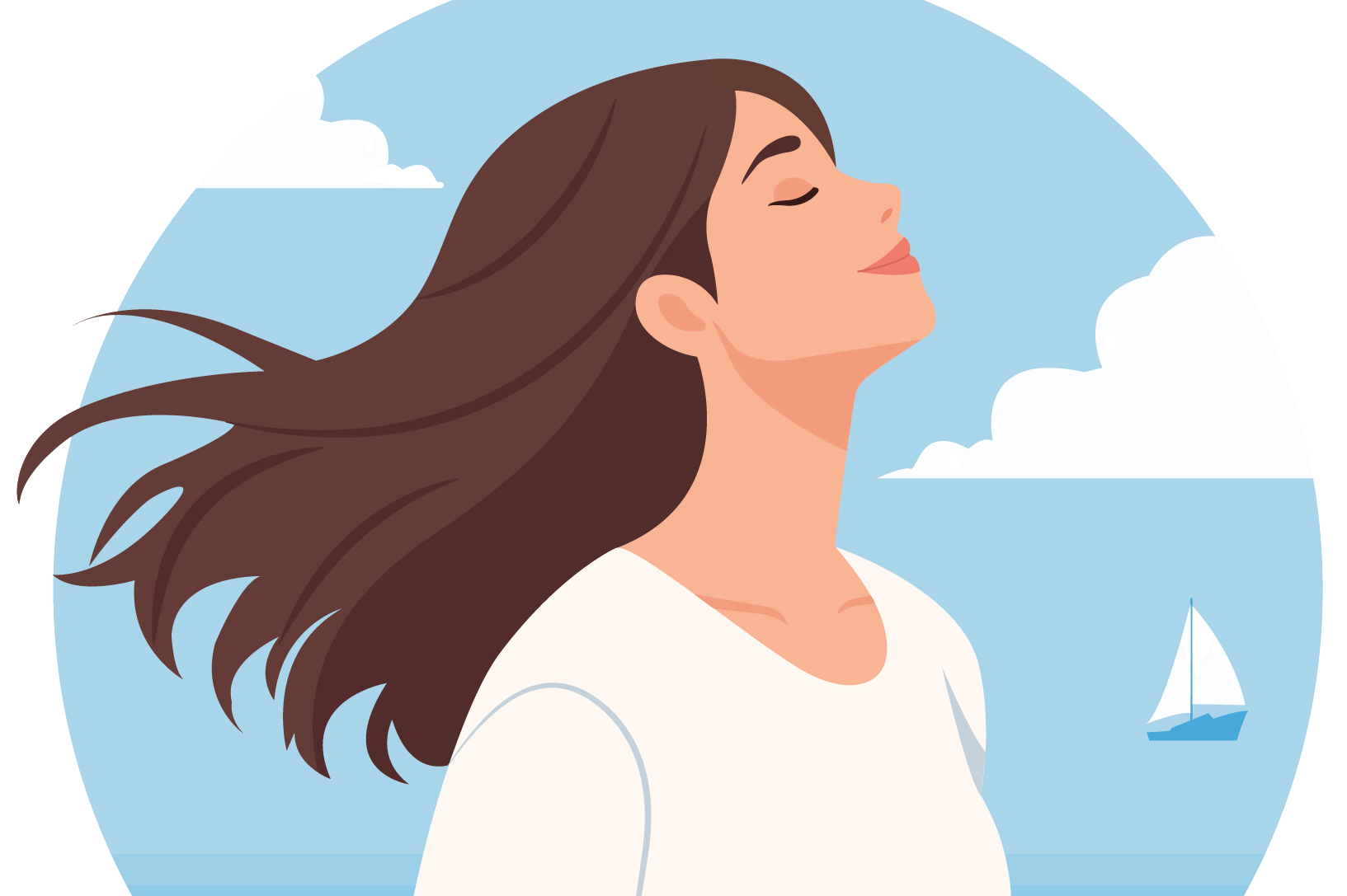 Illustration einer Frau, die entspannt die frische Seeluft genießt.