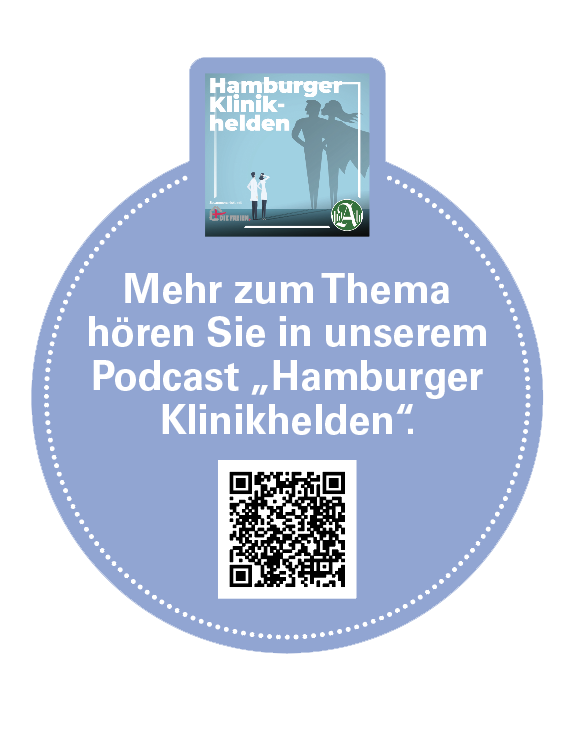 Podcast-Hinweis „Hamburger Klinikhelden“ mit QR-Code in Blau