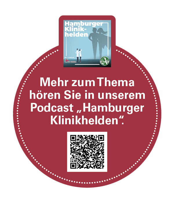 Podcast-Hinweis „Hamburger Klinikhelden“ mit QR-Code in Rot