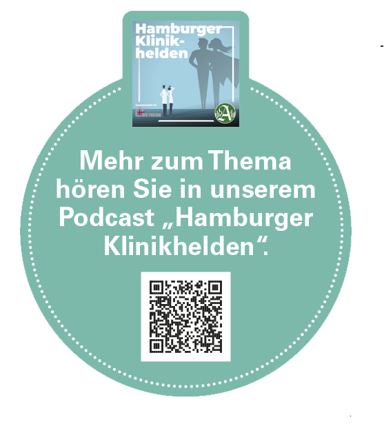 Podcast-Hinweis „Hamburger Klinikhelden“ mit QR-Code in Mintgrün