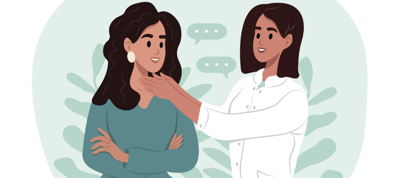 Illustration einer Ärztin, die den Hals einer Patientin während eines Gesprächs untersucht