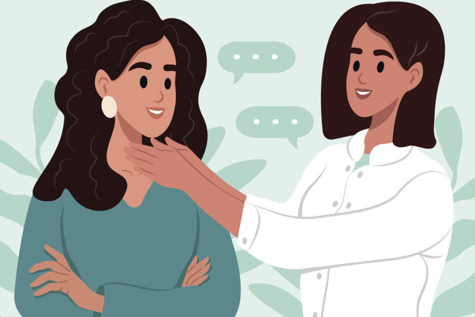 Illustration einer Ärztin, die den Hals einer Patientin während eines Gesprächs untersucht