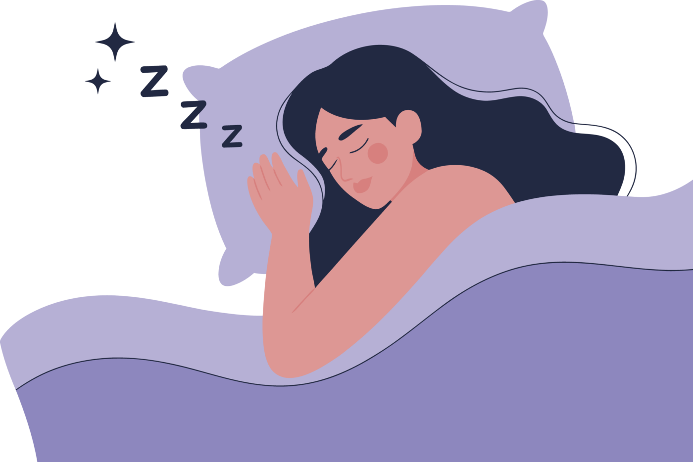 Illustration einer schlafenden Person mit langen dunklen Haaren, die zugedeckt auf einem Kissen liegt. Neben ihrem Kopf schweben mehrere „Z“-Symbole als Zeichen für Schlaf.