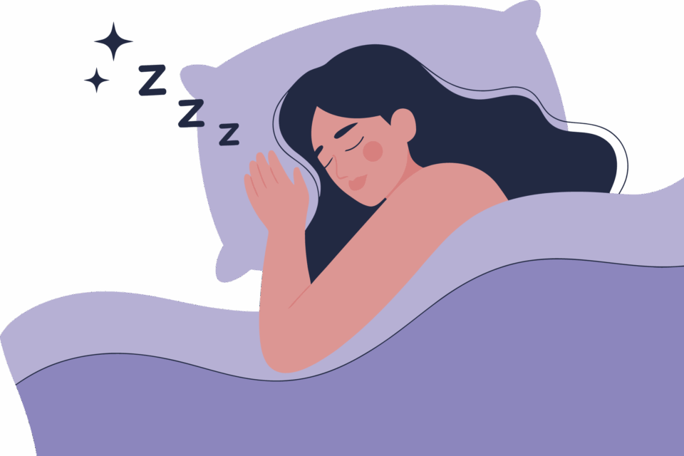 Illustration einer schlafenden Person mit langen dunklen Haaren, die zugedeckt auf einem Kissen liegt. Neben ihrem Kopf schweben mehrere „Z“-Symbole als Zeichen für Schlaf.
