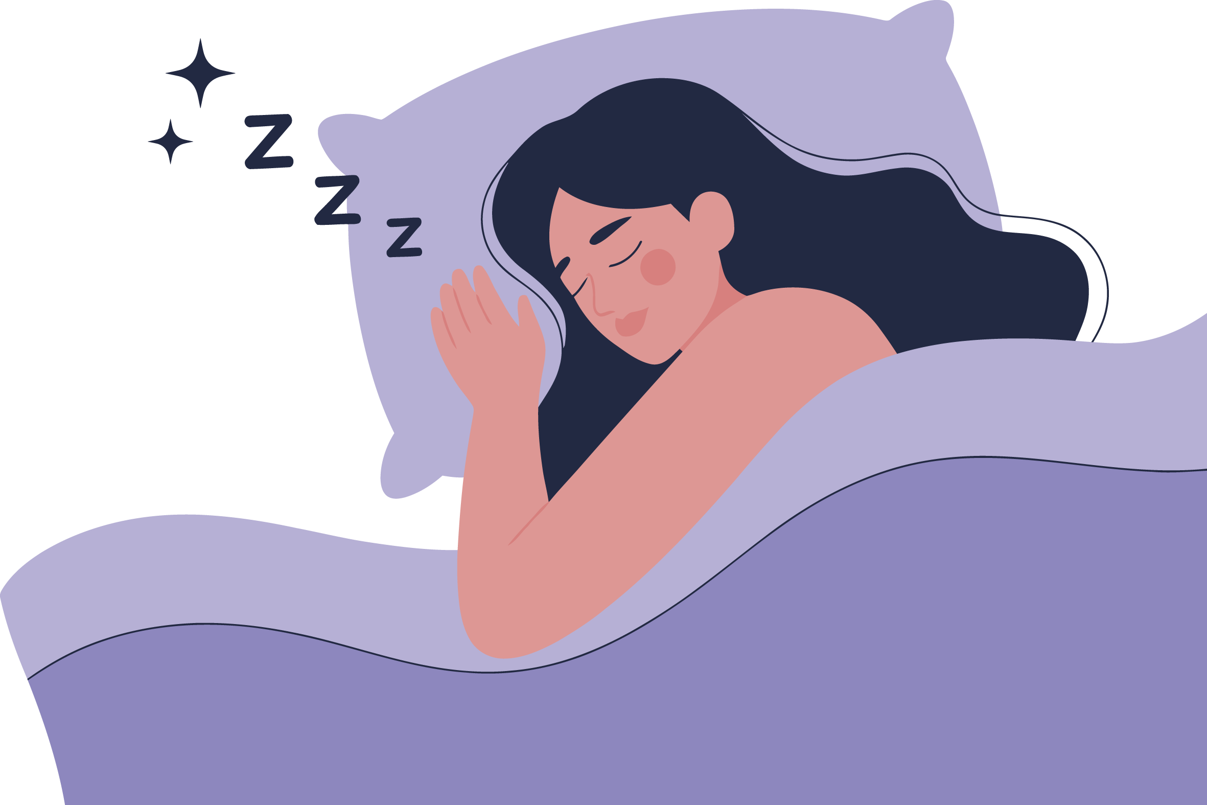 Illustration einer schlafenden Person mit langen dunklen Haaren, die zugedeckt auf einem Kissen liegt. Neben ihrem Kopf schweben mehrere „Z“-Symbole als Zeichen für Schlaf.