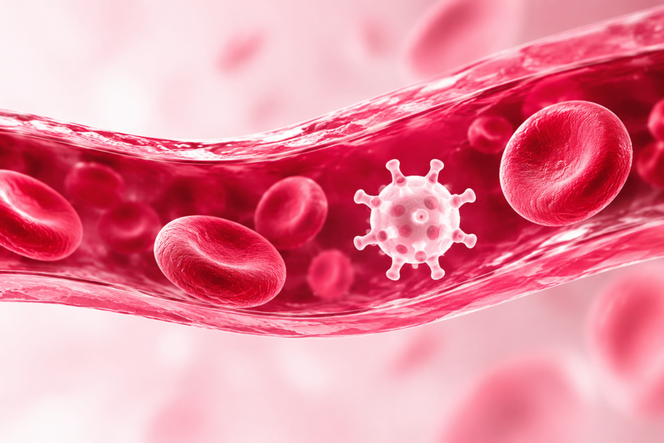 Illustration eines Blutgefäßes mit roten Blutkörperchen und einem Krankheitserreger im Blutkreislauf als Symbol für eine Sepsis.