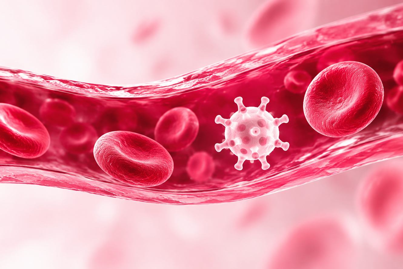Illustration eines Blutgefäßes mit roten Blutkörperchen und einem Krankheitserreger im Blutkreislauf als Symbol für eine Sepsis.