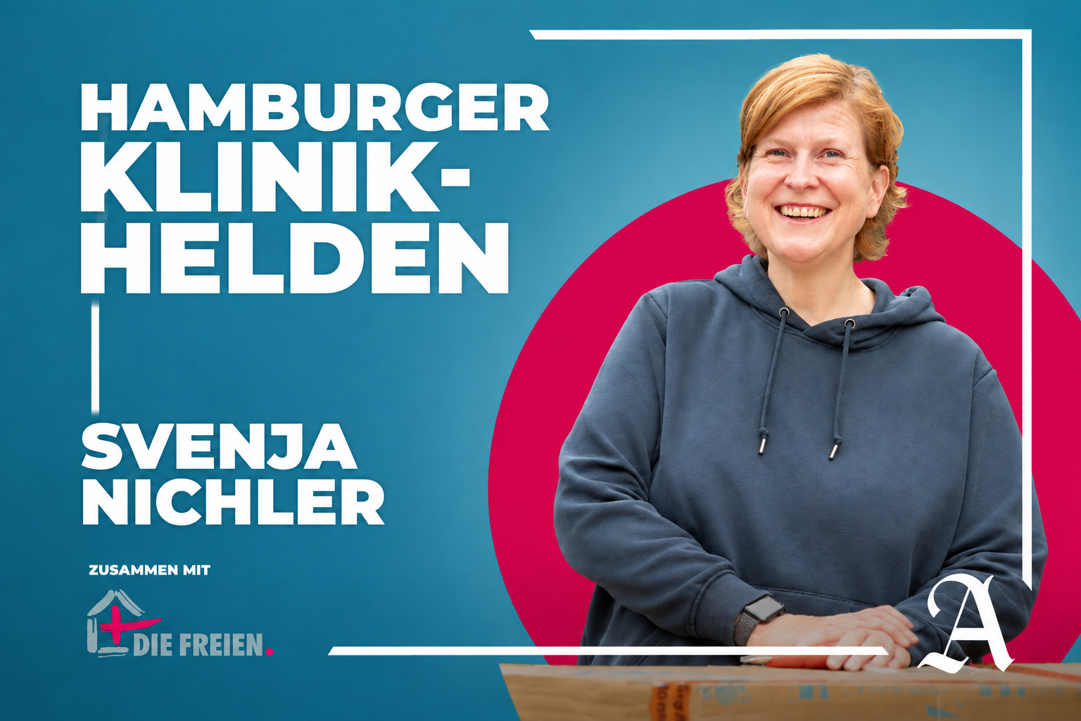 Eine Person in dunklem Pullover hält ein Kartonmesser und lächelt in die Kamera. Links steht der Titel „Hamburger Klinikhelden“ sowie der Name „Svenja Nichler“. Im Hintergrund sind blaue und pinke grafische Elemente sowie das Logo von Die Freien zu sehen.