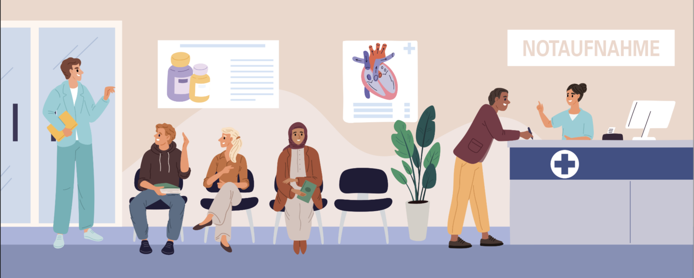 Illustration einer Notaufnahme mit Patient*innen im Wartebereich und medizinischem Personal am Empfang.