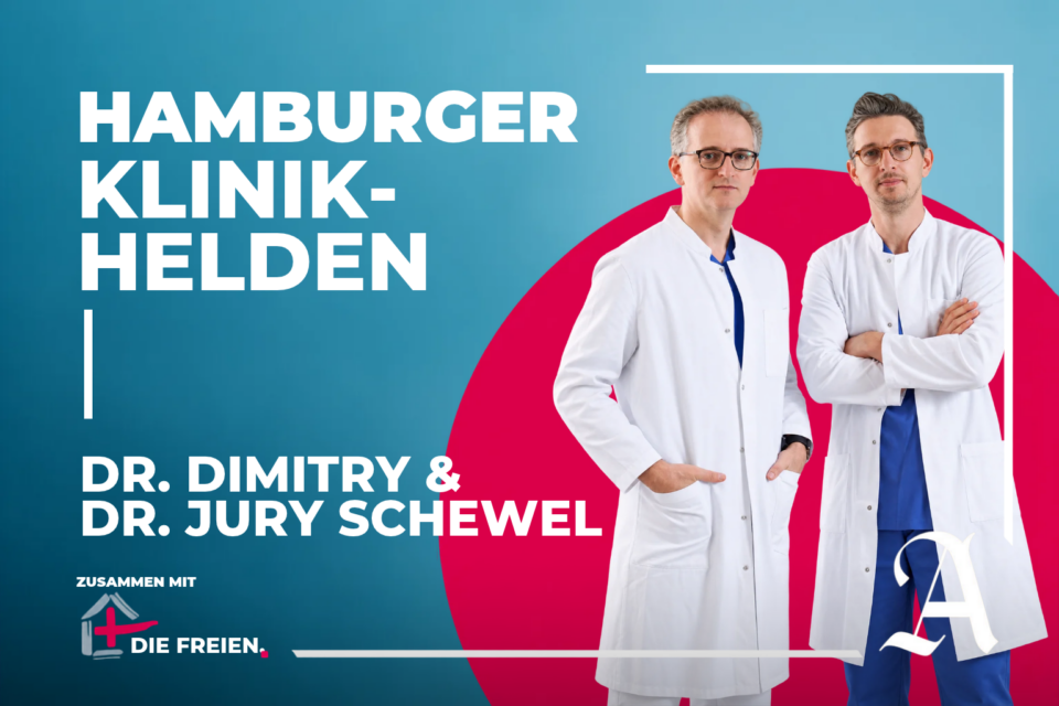 Hamburger Klinik-Helden: Dr. Dimitry Schewel und Dr. Jury Schewel in weißer Klinikkleidung, Podcast in Zusammenarbeit mit Die Freien.